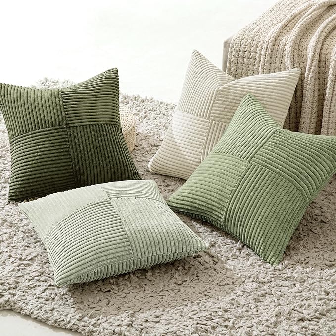 MIULEE Summer Light Green Decorative Throw Pillow Covers 20x20 Inch Set of 4 Boho Farmhouse Cushion Covers Mordern Classic Pillow Cases Soft Corduroy Gradient Home Decor for Couch Sofa Living Room Bed
