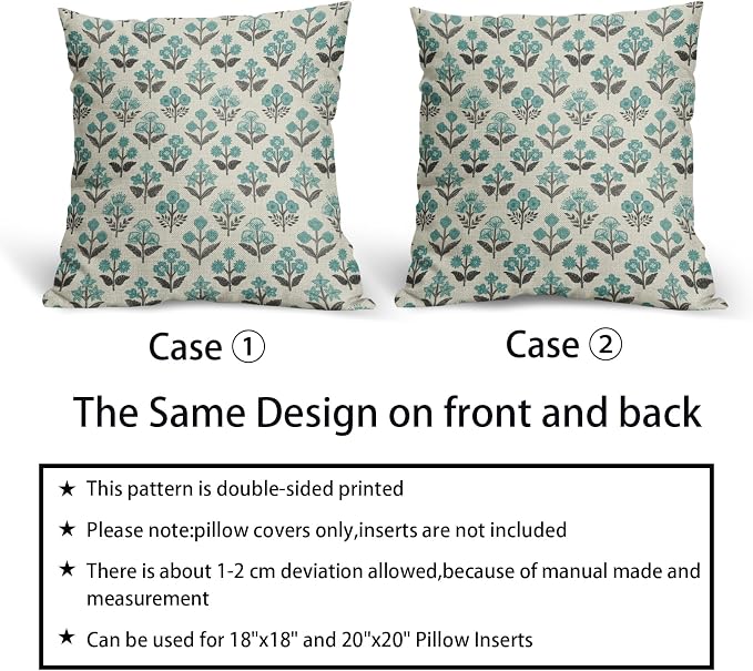 Black Teal Floral Pillow Covers 22x22 Inch Set of 2, Spring Summer Vintage Flower Block Print Pattern Decorative Throw Pillowcases Outdoor Boho Farmhouse Cushion Covers Seasonal Sofa Couch Bed Decor