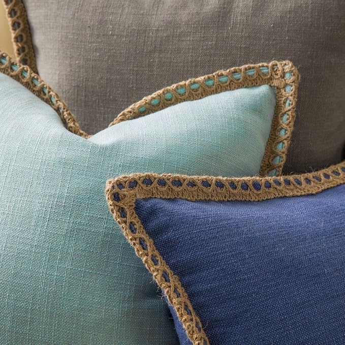 Phantoscope Pack of 2 Farmhouse Decorative Solid Throw Decorative Pillow Cover Burlap Linen Trimmed Tailored Edges, Light Turquoise 26 x 26 inches, 65 x 65 cm