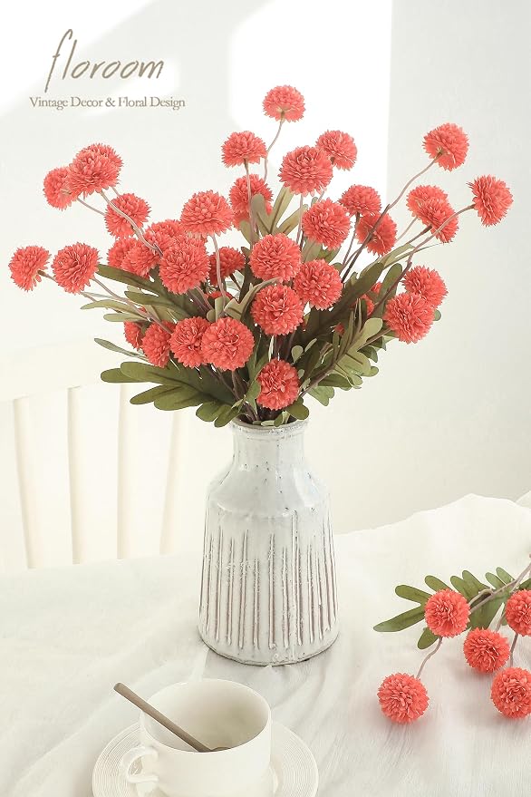 5pcs Coral Orange Faux Silk Mums Artificial Flowers, Bulk Fake Small Mini Chrysanthemums with Stems for DIY Wedding Centerpieces Floral Arrangements Vase Fillers Home Decorations