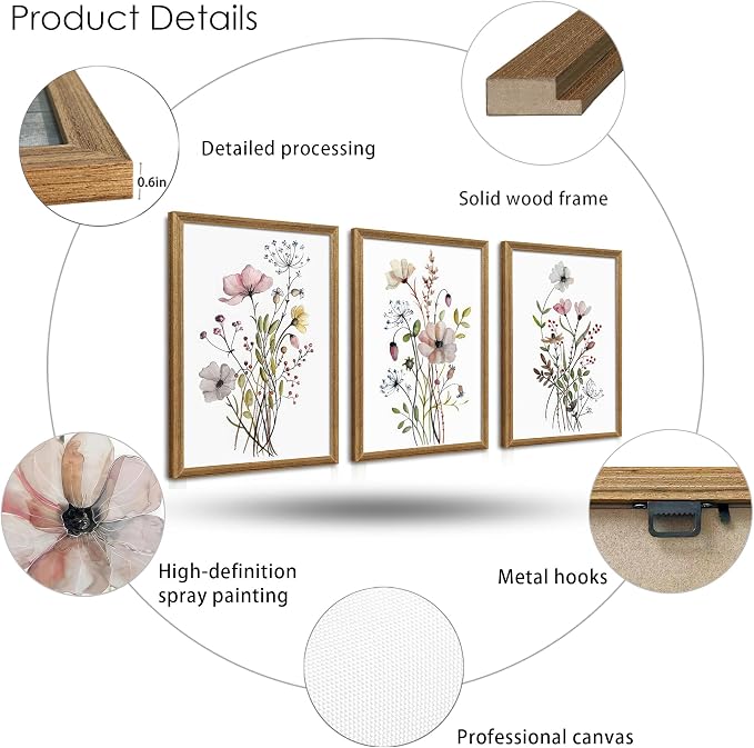 WRFON Framed Botanical Canvas Wall Art Set of 3, Watercolor Floral Prints, Framed Flower Wall Decor for Bedroom Bathroom Living Room, 16x24 Inch Each