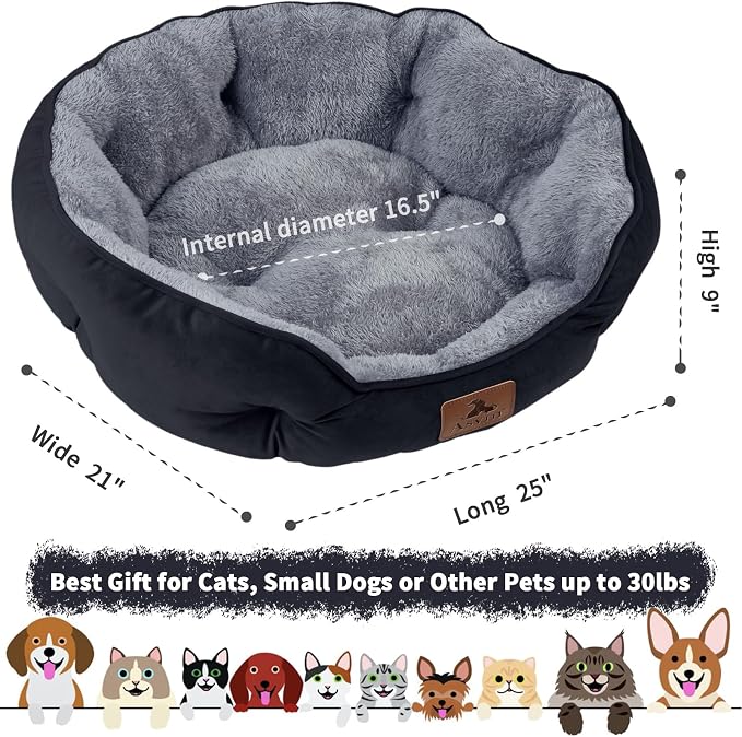 Medium Dog Bed for Medium Dogs, Large Cat Beds for Indoor Cats, Pet Bed for Puppy and Kitty, Extra Soft & Machine Washable with Anti-Slip & Water-Resistant Oxford Bottom, Black, 25 inches
