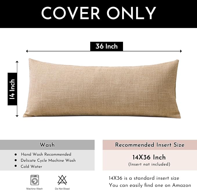 OTOSTAR Linen Throw Pillow Cover Set of 1 Decorative Long Lumbar Pillowcase Rectangle Cushion Cover 14x36 Inch for Home Decor Sofa Bedroom Car 35 x 90CM Light Brown