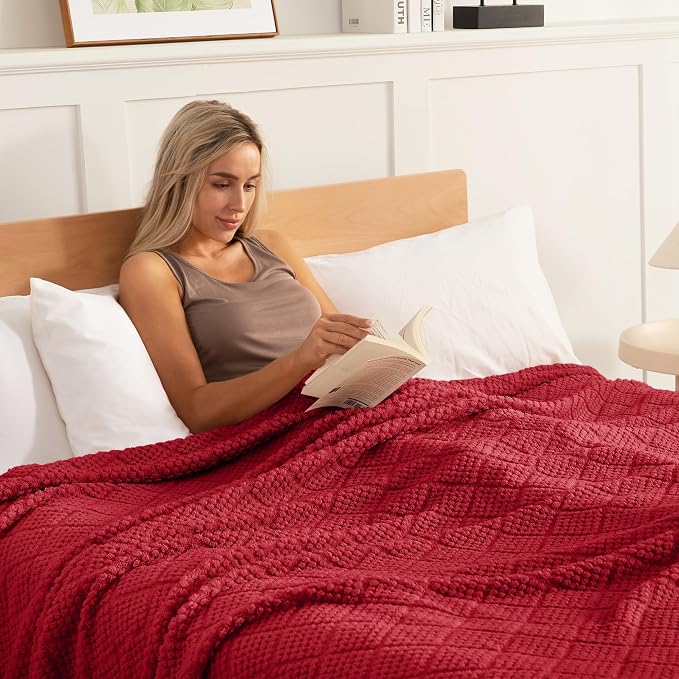 Whale Flotilla Soft Fleece Throw Blanket for Couch, Red | Jacquard Waffle Blankets for Home Decor, Lightweight and Cozy, All Season Suitable, 50x60 Inch