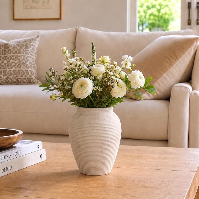 8.1" Terracotta Vase, Small Ceramic Vase for Decor | Small vase with pottery shape; textured ceramic vase, watertight for flowers, pampas grass, shelves, mantels and tables