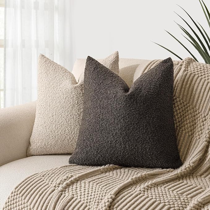 Foindtower Set of 2, Decorative Textured Boucle Throw Pillow Covers Accent Solid Pillow Cases Neutral Soft Cozy Couch Cushion Case for Chair Sofa Bedroom Living Room Home Decor 26 x 26 Inch Dark Brown