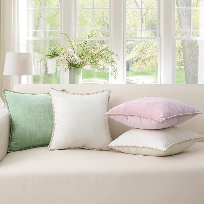 decorUhome Soft Chenille Throw Pillow Covers 26x26 Set of 2 Cream White | Fall Textured Decorative Throw Pillow Cases Stitched Edge Modern Farmhouse Luxury Boho Velvet for Couch Sofa Bed Home Decor