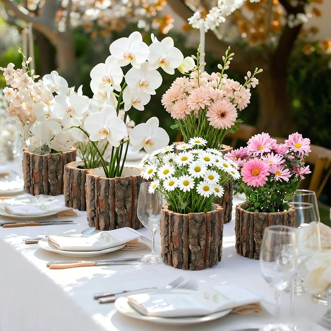 4 Pcs Wooden Vase Home Decor Rustic Flower Vases Vintage Wooden Planter Pots for Centerpieces Woodland Party Wedding Table Decor Farmhouse Buckets Bark Stump Decorative Items