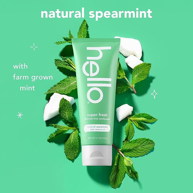 Hello Super Fresh Fluoride Free Toothpaste, Toothpaste for Bad Breath, Helps Remove Surface Stains, Natural Spearmint, 3 Pack, 4.7 Oz Tubes