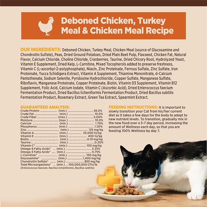 Wellness CORE+ Adult Dry Cat Food for Indoor Cats, Natural, Grain Free Kibble, Chicken, Turkey and Chicken Meal Recipe, 5 lb Bag