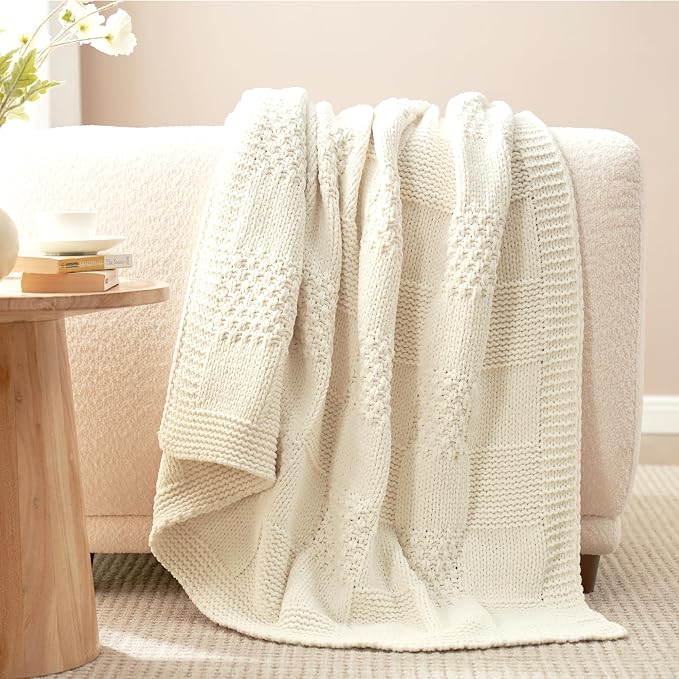 Knit Throw Blanket, Soft Chenille Cozy Breathable Checkered Chunky Decorative Blanket for Couch, Bed & Sofa, French-Inspired Lightweight Warm Gift for Women, Ivory, 60"x80"