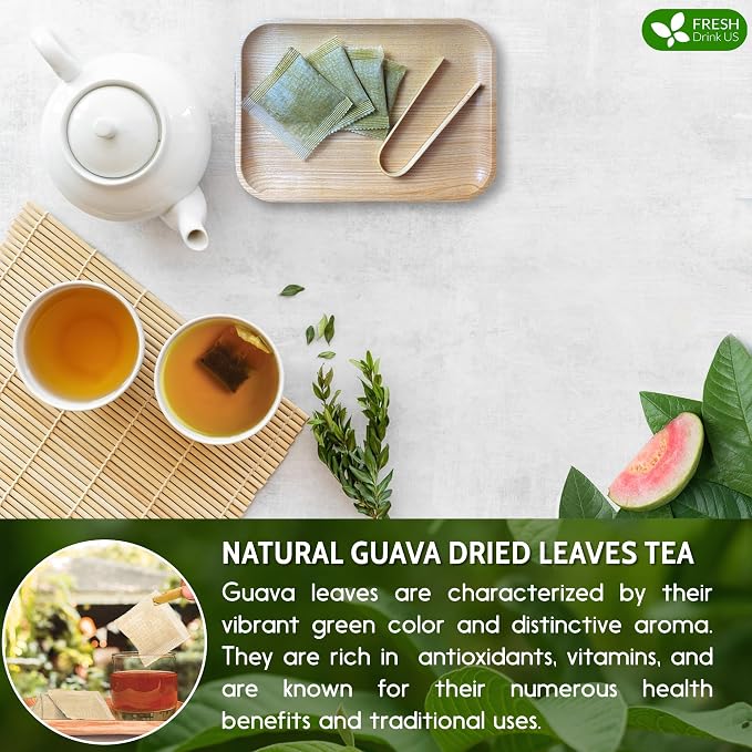 FreshDrinkUS, Premium Leaf Tea Bags, 100% Natural & Pure. Herbal Tea. No Sugar, No Caffeine, No Gluten, Vegan. (15 Bags Guava Leaves)