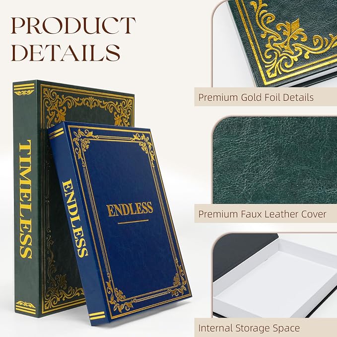 Vintage Decorative Book Storage Box Set of 2, Stylish Faux Leather Decorative Books, Fake Book Storage Box for Bookshelf, Coffee Table, Modern Home Decor, Dark Green & Dark Blue