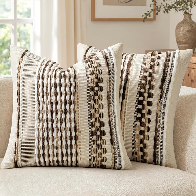 ANRODUO Boho Decorative Pillow Covers Dark Brown Stripe 20x20 Pack of 2 | Throw Pillow Covers, Farmhouse Cushion Case, Chenille Pillow Cases, Pillow Covers, Accent Neutral Pillowcase for Couch Bed
