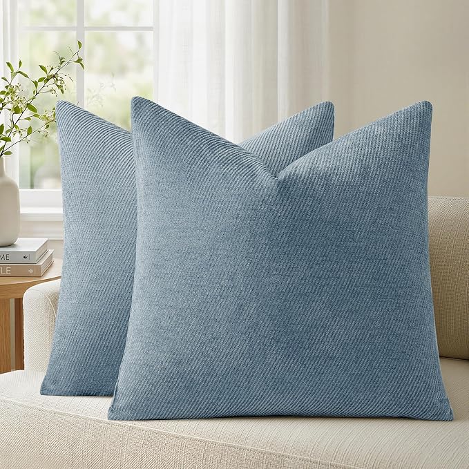 a moment Pack of 2 Decorative Chenille Throw Pillow Covers with Twill Cushion Covers for Sofa Living Room Couch Bed 20x20 Inch Coastal Blue