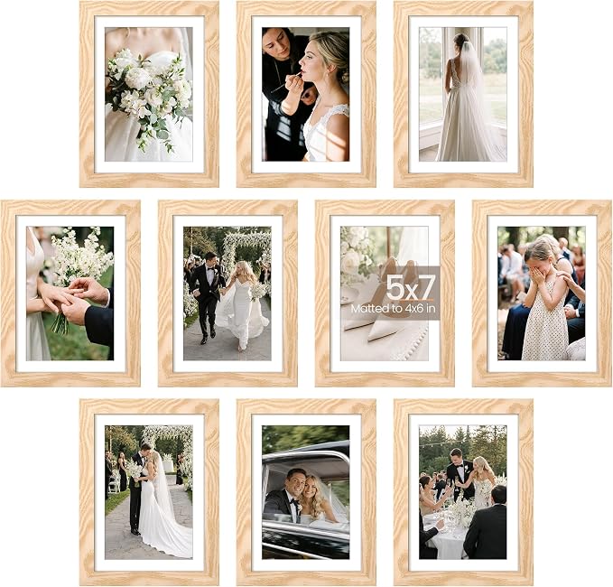 upsimples 5x7 Picture Frame Set of 10, Display Pictures 4x6 with Mat or 5x7 Without, Multi Photo Frames Collage for Wall or Tabletop Display, Natural | Small Frame Fit 4x6 and 5 x 7 Photos, Wall or Tabletop Display, For Gallery Hallway Living Room, For...