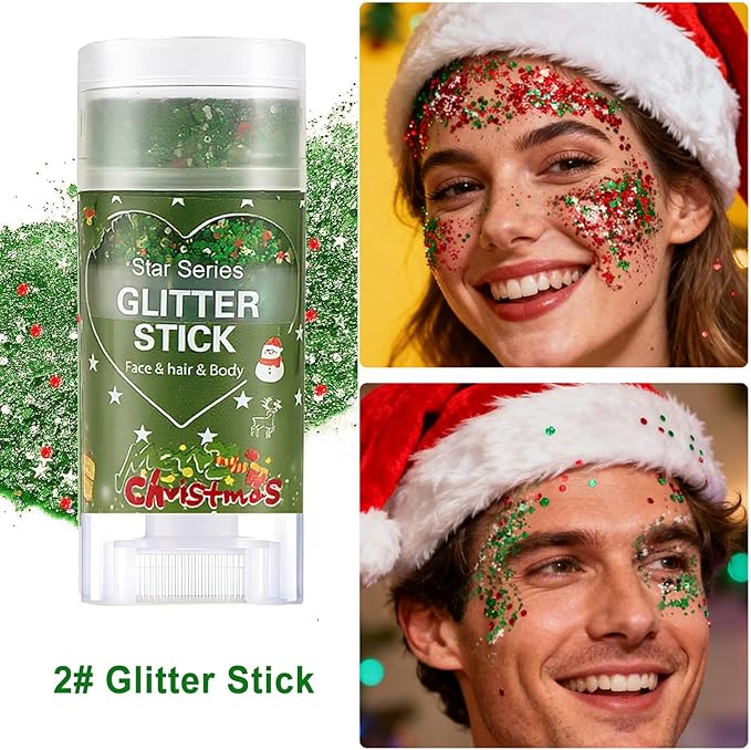 Green Red and White Body Glitter Stick, Christmas Hair Glitter for Kids Women,Xmas Party Festivel Accessories Outfits Face Glitters Makeup, Long Lasting Chunky Sequins Gel for Christmas (Green)