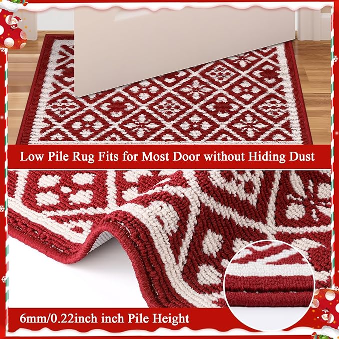 Ileading Christmas Hallway Runner Rug 2x6ft, Durable Xmas Welcome Indoor Doormat Mat Non Slip Kitchen Floor Mats with Rubber Backing, Machine Washable Red Winter Holiday Decor Entryway Carpet