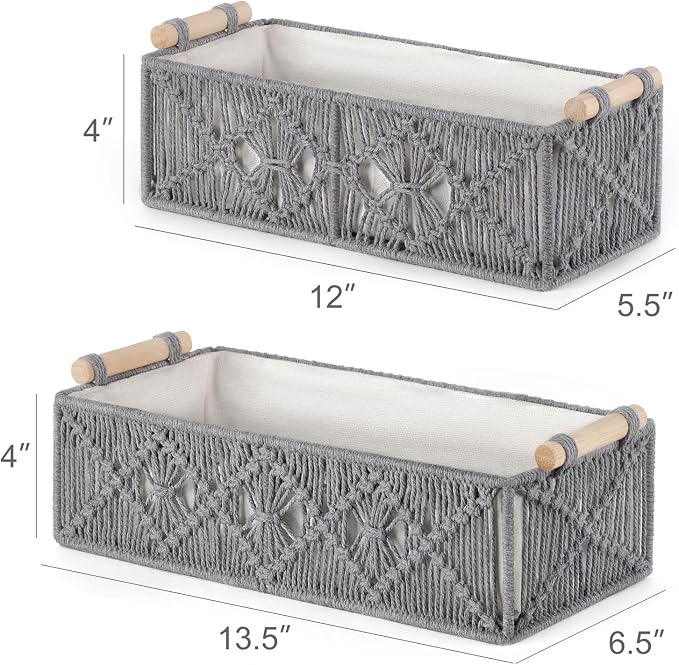 Mkono 2Pc Macrame Storage Basket, Boho Decor Toilet Paper Holder, Grey | Small Baskets for Organizing, Hand-Woven, Bohemian Beach Coastal Decor, Shelf Vanity Cabinet Bedroom Living Room Office Dorm