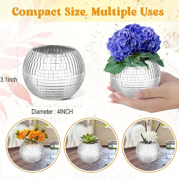 6Pcs Disco Ball Vase Set – Mirror Vases for Table Centerpieces, Real Glass Mosaic Flower Planter for Wedding, Birthday, Home Décor & Party Decoration – Sparkling Retro Disco Ball Home Accent