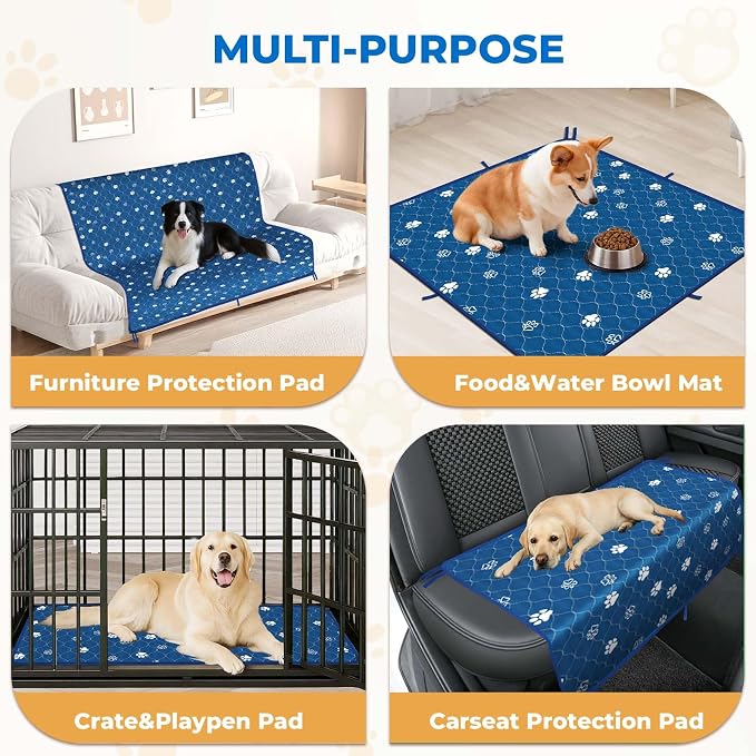 Fostanfly Washable Pee Pads for Dogs, Ultra-Absorbent, 36"x48"-2 Pack, Blue | Leak-Proof, Waterproof, Non-Slip, Large Reusable Pee Pads for Puppy Potty Training, Crate and Playpen with 8 Tie Straps