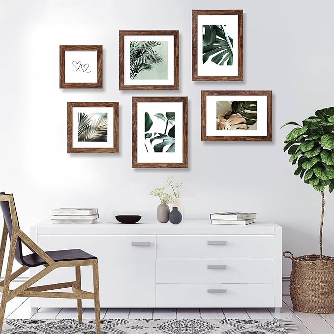 Hongkee 6x6 Picture Frame Set of 4, Made of Glass and Rustic Brown Wooden Frame - Display Picture 4x4 with Mat or 6 x 6 Without Mat, 6x6 Photo for Wall or Tabletop
