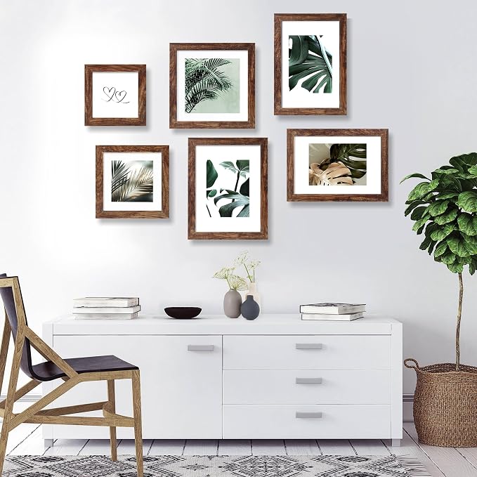 Hongkee 8x12 Picture Frame Set of 4, Made of Glass and Rustic Brown Wooden Frame - Display 6x8 Picture with Mat or 8 x 12 Poster Without Mat, 8 by 12 Photo for Wall or Tabletop