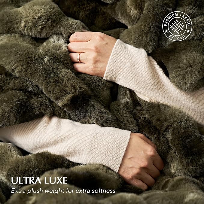 Faux Rabbit Fur Bubble Throw Blanket, 50"x60", Marble Olive | Ultra Soft, Luxury Faux Rabbit Fur Throw, Thick Warm Bubble Blanket, Cozy Fluffy Reversible, for Bed, Couch, Chair, Sofa