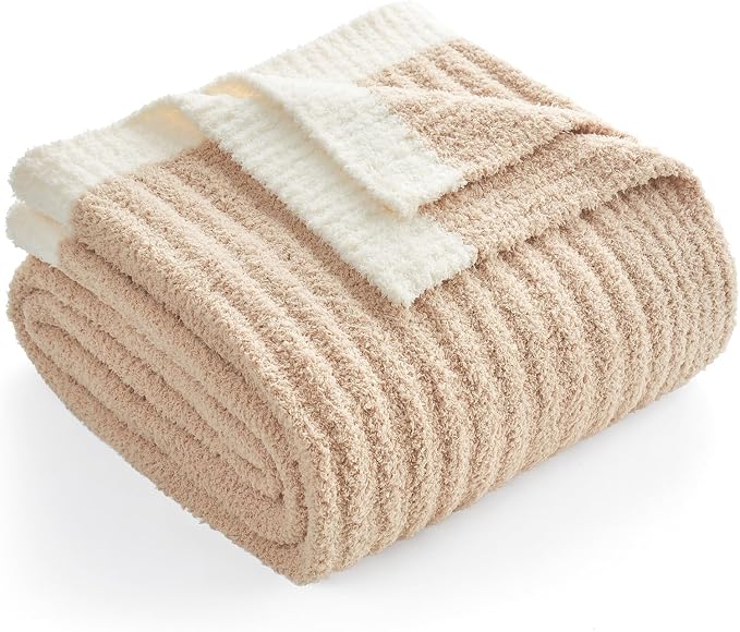Snuggle Sac Soft Ribbed Beige Throw Blanket for Couch, Luxurious Fluffy Cozy Knit Throws for All Season, Reversible Warm Microfiber Netural Blankets for Couch, Sofa, Travel, Beige, 50x60 inches