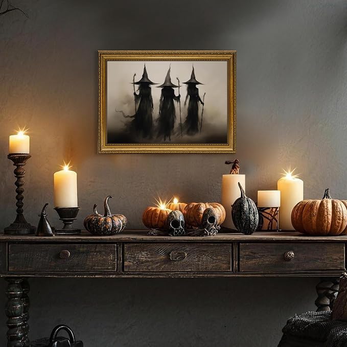 JLTULT Three Witches Halloween Wall Art, Gothic Framed Canvas, 8 x 10 in | Dark three-witch scene on fade-resistant canvas with an ornate ready-to-hang PS frame for entryways and Halloween displays