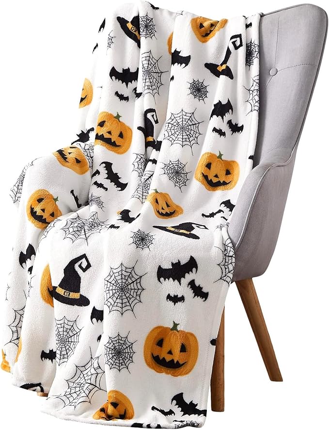 Halloween Fleece Throw Blanket, Witch Hat, Bats, Webs & Pumpkins, 50x60 in | Ultra-soft cozy flannel fleece, for sofa couch bed chair & dorms, spooky Halloween décor, durable and machine washable.