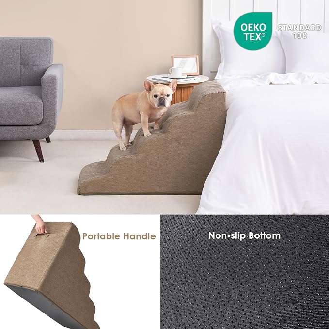 EHEYCIGA Curved Dog Stairs Ramp, 5-Step Extra Wide High Beds, Dog Steps | 33D density of pure foam, for Small Dogs and Cats, Pet Stairs for High Bed Climbing, Non-Slip Balanced Indoor, Camel