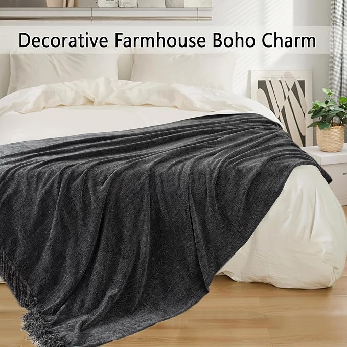 Chenille Throw Blanket for Couch 50" x 60", Dark Grey | Soft Cozy Warm Throws with Fringe Tassel, for Living Room Bed Sofa Chair Cover, Lightweight Knitted Decorative Boho Blankets