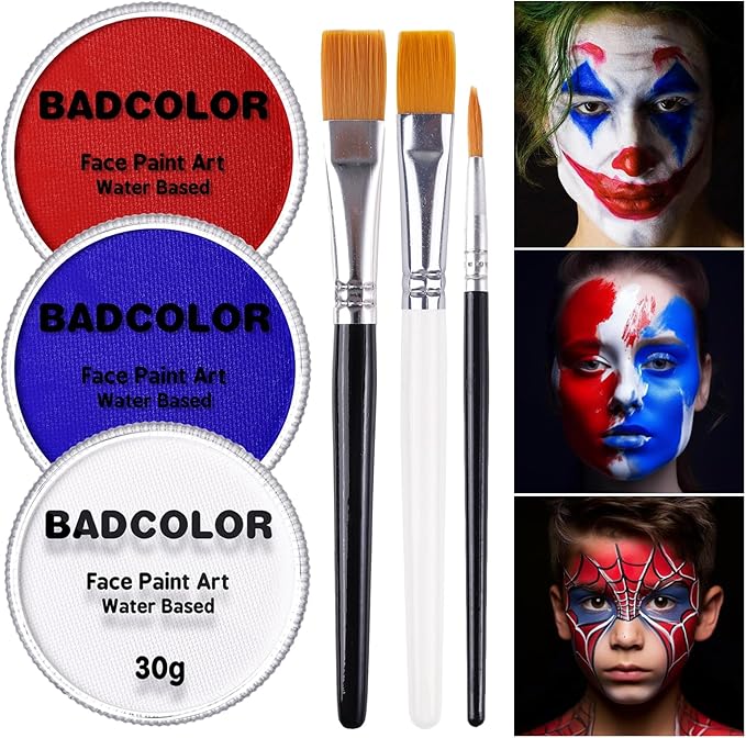 US Flag Red White And Blue Joker Face Body Paint, Water-Based Face Painting Kit with Brushes for America’s Patriotic Parades 4th of July USA Independence Day & Halloween Costume Clown Cosplay Makeup