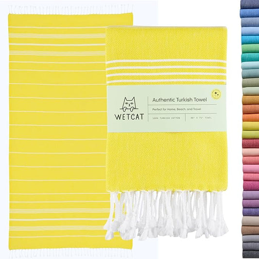WETCAT Turkish Beach Towel Oversized 38x71 100% Cotton Sand Free Quick Dry Extra Large Light Travel Towel for Adults Beach Accessories Gifts (Yellow, Beach Towel (38" x 71"))