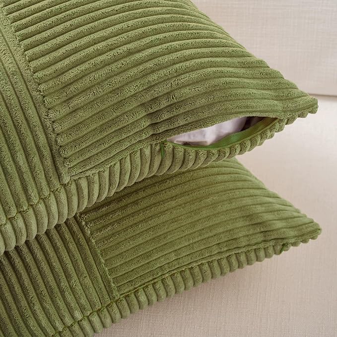 Fancy Homi Moss Green Lumbar Decorative Throw Pillow Covers 26x16 Inch for Living Room Couch Bed, Rustic Farmhouse Boho Home Decor, Soft Striped Corduroy Rectangle Accent Cushion Case 40x65 cm