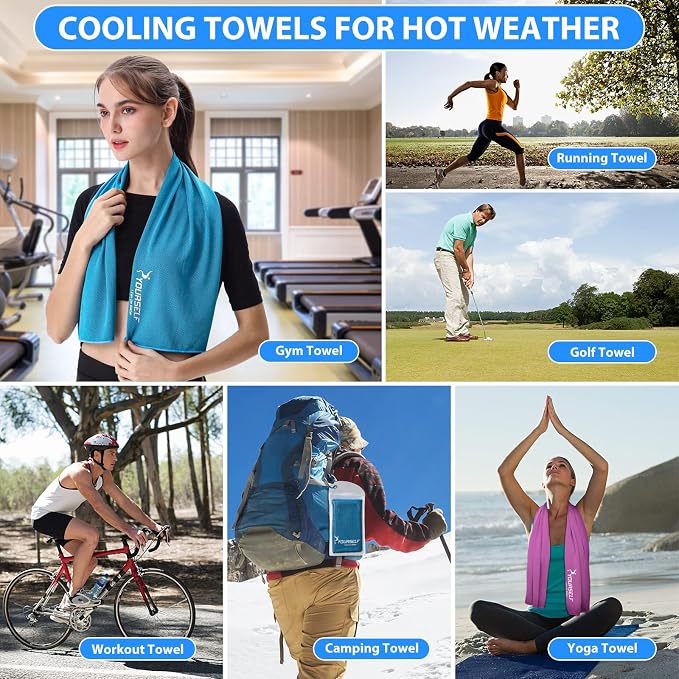 SYOURSELF Cooling Towels for Neck and Face, 4 Pack 40" x 12" Cooling Towel for Hot Weather, Soft Breathable Instant Cool Chilly Pad for Sports Golf Yoga Gym Athletes Camping Ice Towels(Blue)