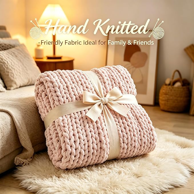 Chunky Knit Blanket Throw for Couch, 51"x63" Chunky Yarn Knitted Blankets | 100% Hand Knit Thick Chenille, Soft Breathable for Bed, Sofa, Home Decor, Cozy Gifts for Women Friends, Pink