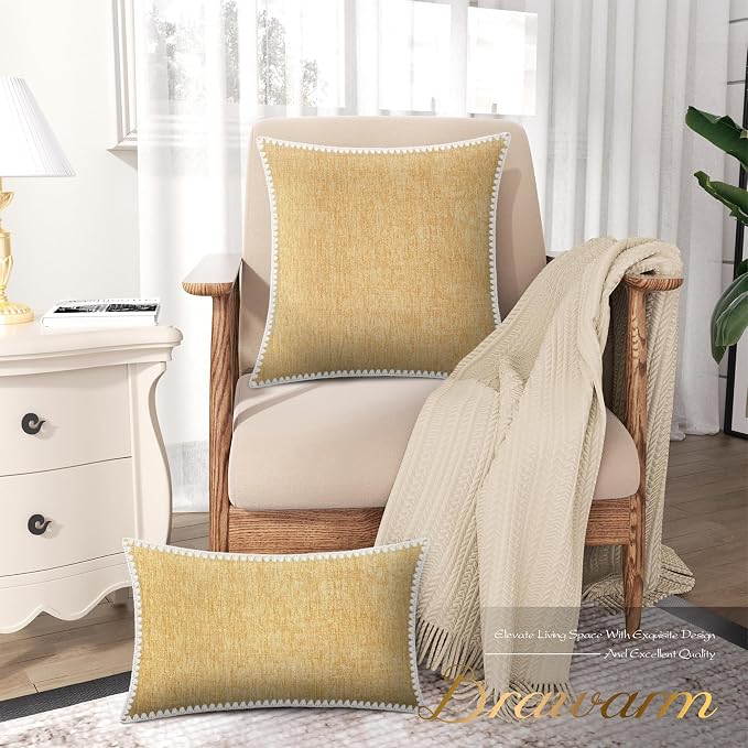 BRAWARM Chenille Throw Pillow Covers 18x18 Inches, Gold, 2 Pack | Decorative Pillow Covers with Shell Edge, Soft Cushion Cases for Sofa Bed Living Room Home Farmhouse (No Insert)