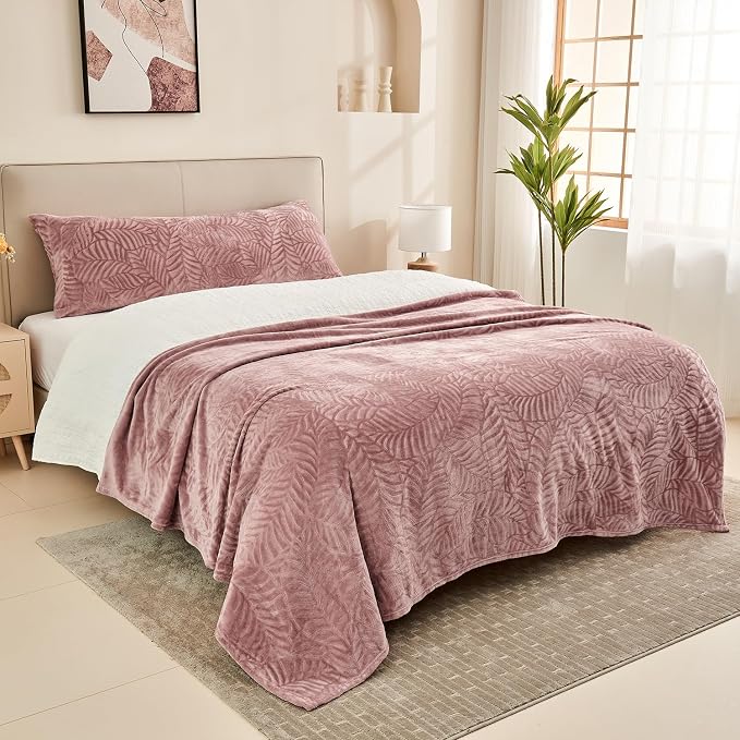 Super Soft Flannel Fleece Throw Blanket, 50 x 60 Inches, Dusty Rose | Lightweight Cozy Warm Leaves Textured Plush Blanket for Women Bed Couch Sofa