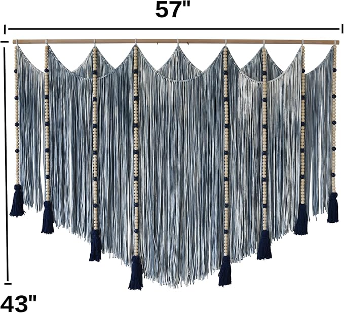 Jakalin Macrame Wall Hanging Blue Dip Dye Bead Boho Home Decor 57"x43" | Blue Dip-dye Cotton Cord, Handwoven Beadwork, Artisan Texture, Modern Boho Wall Decor, Home Accent Yarn Fiber Wall Art