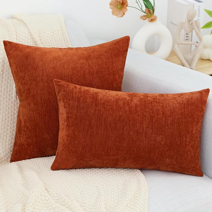 decorUhome Soft Chenille Rust Throw Pillow Covers 22X22 Set of 2 | Decorative Fall Couch Pillow Covers Solid Dyed Accent Modern Euro Sham Farmhouse Neutral Square Pillow Cases for Sofa