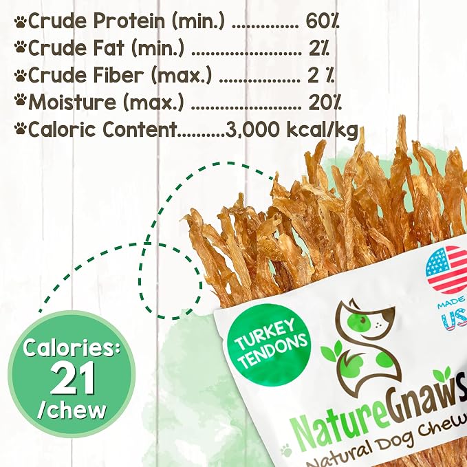 Nature Gnaws USA Turkey Tendons Dog Treats, 8 oz | Grain Free Reward Snack for Small, Medium & Large Breeds - Premium Natural Dog Chew Treats - No Artificial Preservatives