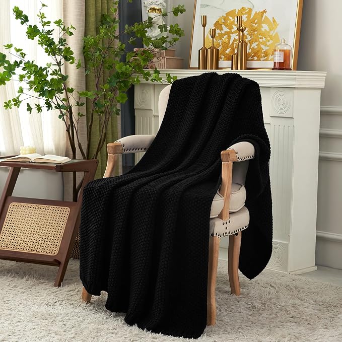 Chunky Cable Knit Throw Blanket Lightweight Black 100% Organic Cotton Blanket for Sofa Couch Bed Baby Nursery, Rustic Shabby Chic Modern Farmhouse, 60” x 80” Give Laundering Bag