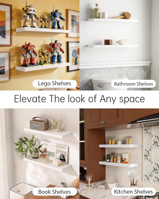 BAYKA White Floating Shelves 22.5in, Set of 2, Wall Mount Rustic Wood Shelf | Easy Install, 22lbs Max Load, Hidden Bracket, for Bathroom Bedroom Kitchen Office Storage Decor, Multi-Wall Compatible