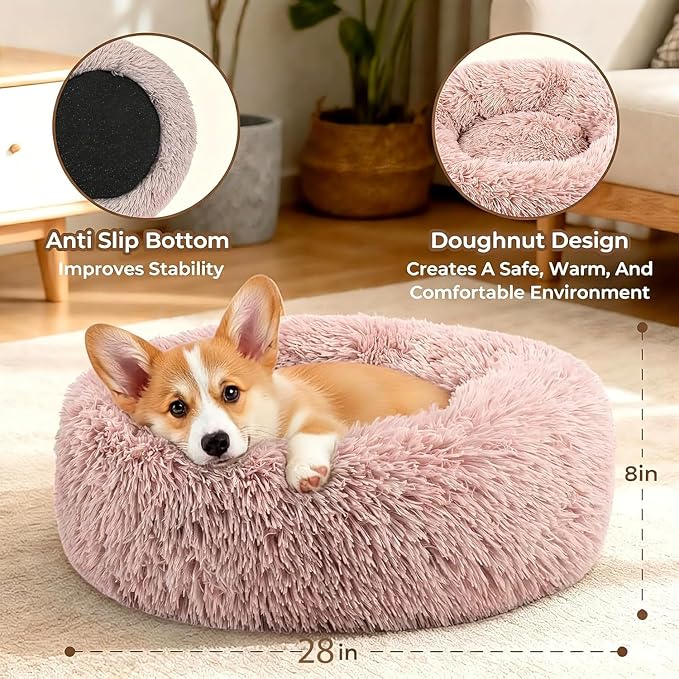Calming Large Donut Dog and Cat Bed, Anti-Anxiety Round Soft Fluffy Plush Faux Fur Washable Anti-Slip Pet Bed for Medium Dogs Up to 35 lbs 28in Pink