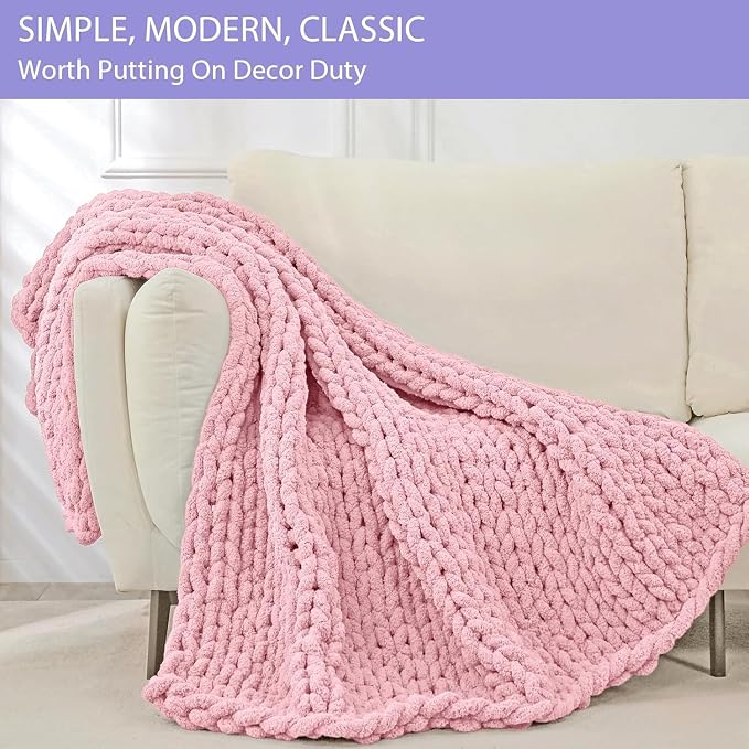 Bigacogo Chunky Knit Throw Blanket for Couch, 51x63 inches, Blush Pink | Hand Knit with Jumbo Chenille, Soft Breathable Cable Knit for Sofa Bed Living Room, Machine Washable, Gift for Mom Friend