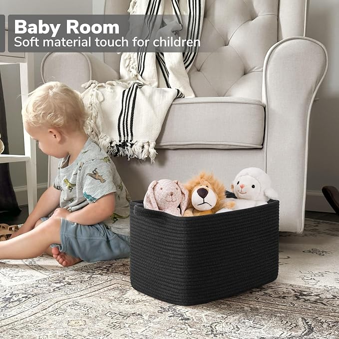 Goodpick Woven Storage Basket for Shelves, 13" x 10" x 9", Black | Stylish Gift Basket for Home Decor, Cotton Rope Baskets for Books, Toys & Towels Storage, Living Room & Bedroom Organization