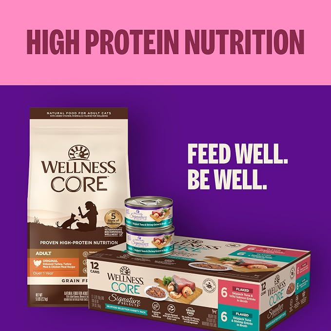 Wellness CORE Signature Selects More Flavors Variety Pack Adult Canned Wet Cat Food, Natural, Protein Rich, Grain Free, 2.8 oz, Pack of 8 Cans