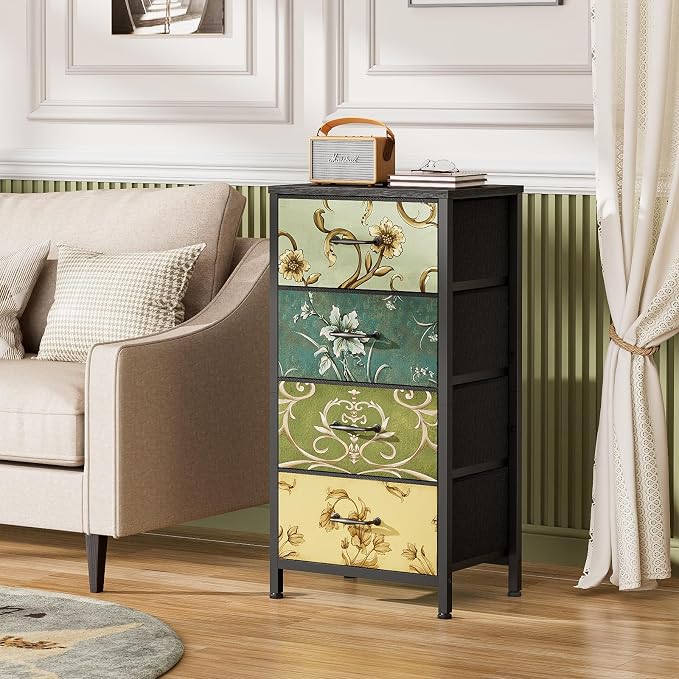 4 Drawer Dresser, Vintage Nightstand, Fabric Chest of Drawers | Vertical Dresser for Bedroom, Storage Tower Units with Fabric Drawers, Small Dressers for Closet, Retro Style, Wooden Top